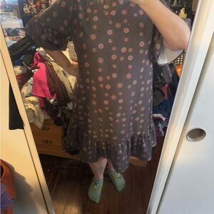 SHEIN Brown A-line Casual Dress with Puff Sleeves and Crew Neck